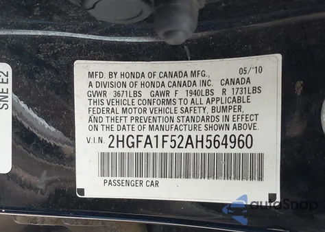 2010 Honda Civic Lx из США, поврежденный, VIN 2HGFA1F52AH564960